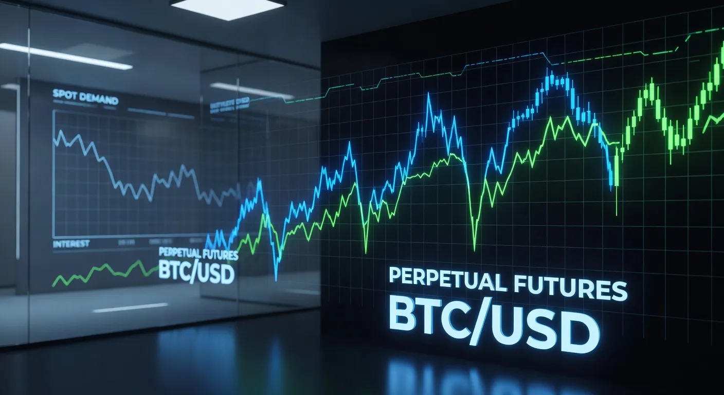 Wykres ceny Bitcoina z kontraktami wieczystymi na pierwszym planie