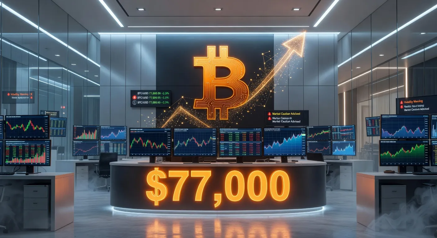 Bitcoin na wykresie przekraczający poziom 77 000 USD z tłem instytucjonalnych ekranów handlowych