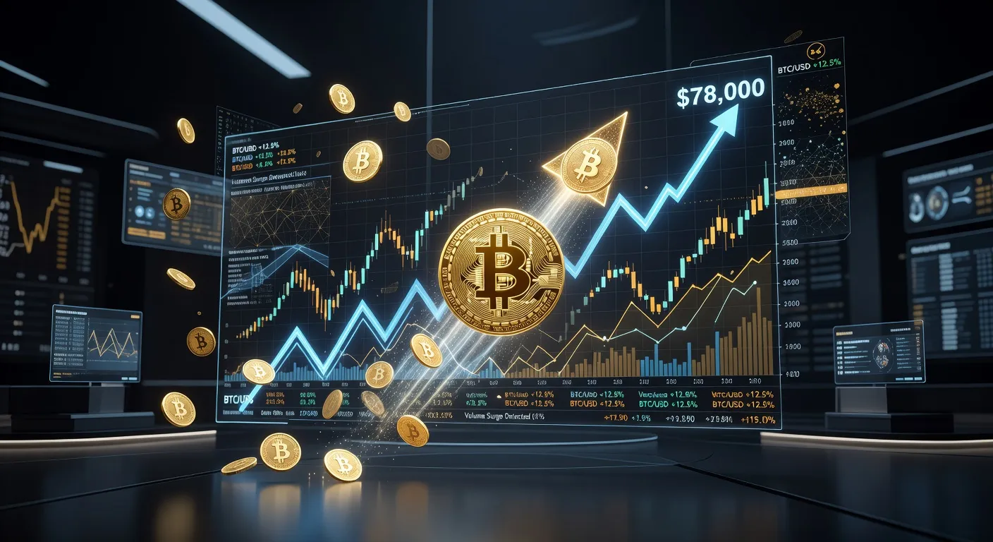Wykres ceny Bitcoina przebijającego 78 000 USD na tle futurystycznego tła finansowego