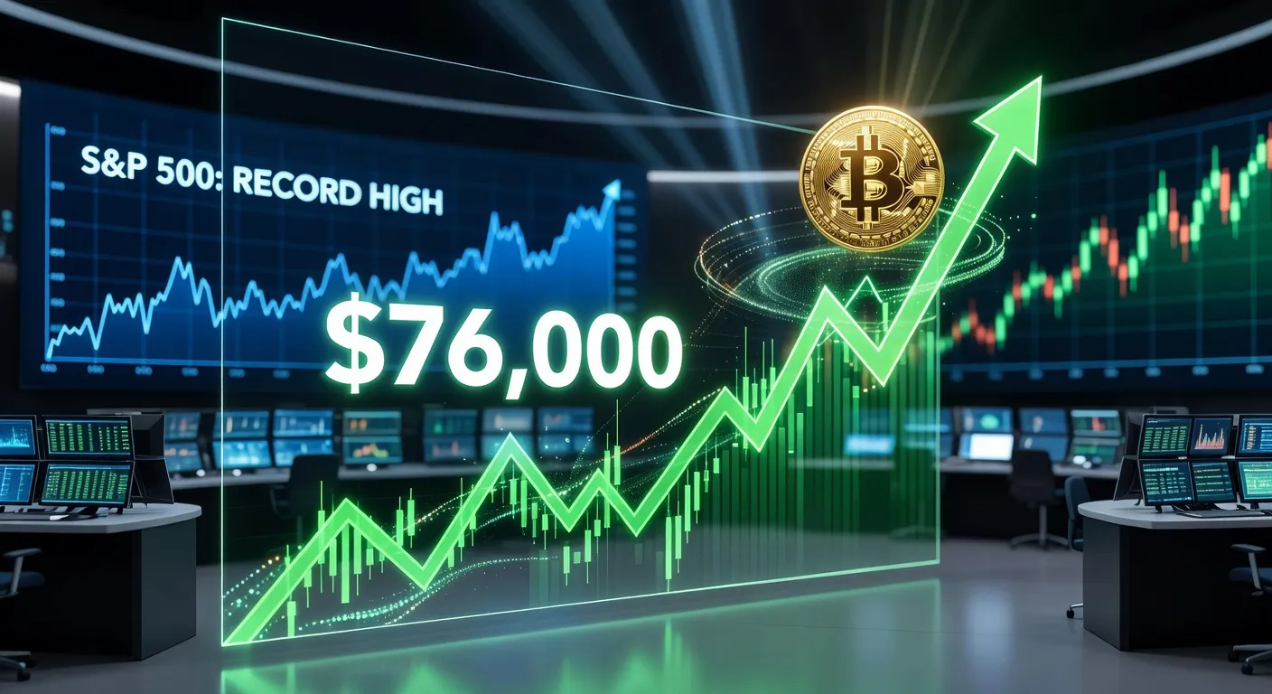 Wykres ceny Bitcoina powyżej 76 000 USD z rekordowym indeksem S&P 500 w tle