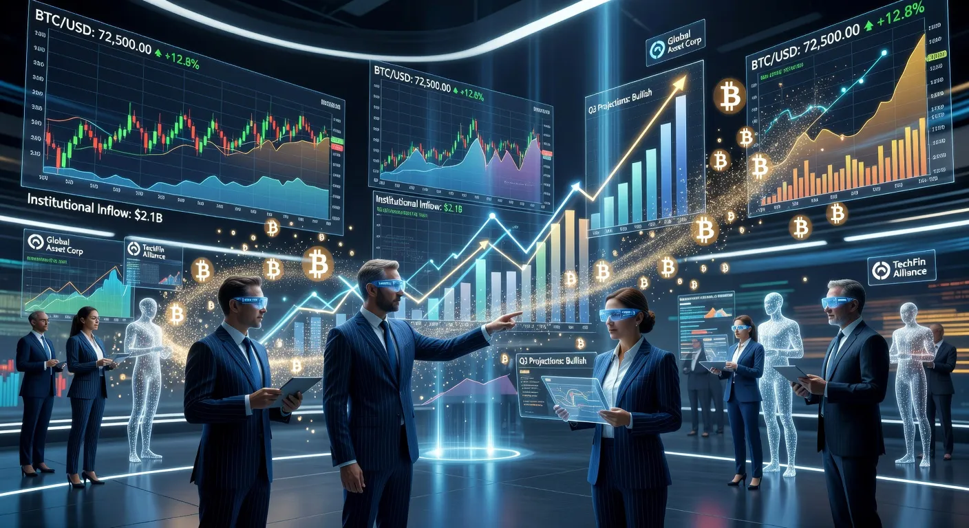 Ilustracja wzrostu ceny Bitcoina z inwestorami instytucjonalnymi i wykresami rynkowymi