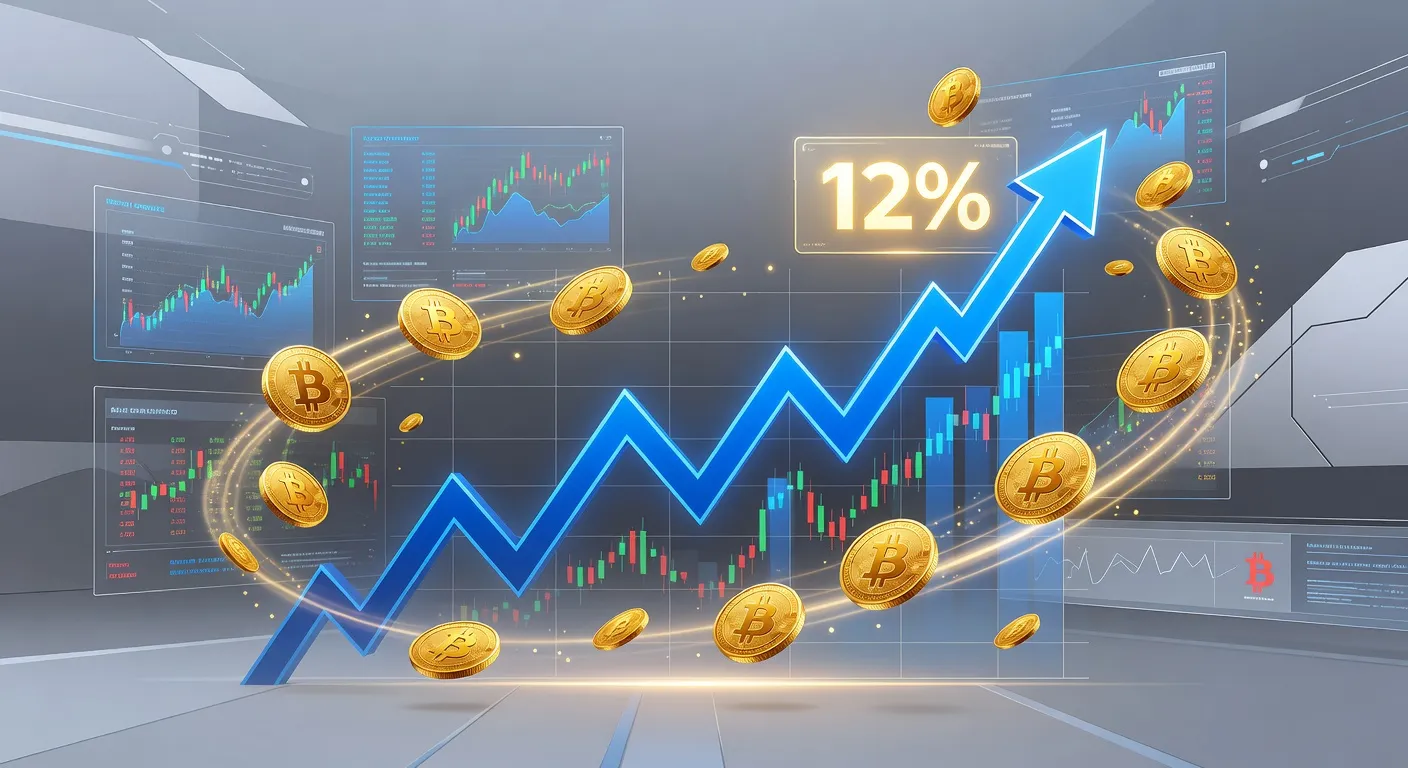 Wykres ceny Bitcoina z zaznaczonym wzrostem o 12 proc. i złotymi monetami