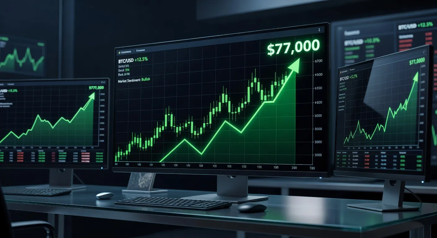 Wykres ceny Bitcoina z poziomem oporu na 77 000 USD i trendem wzrostowym