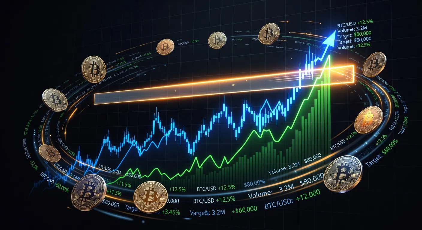 Wykres ceny Bitcoina zbliżającego się do poziomu 80 000 USD z zaznaczonym oporem
