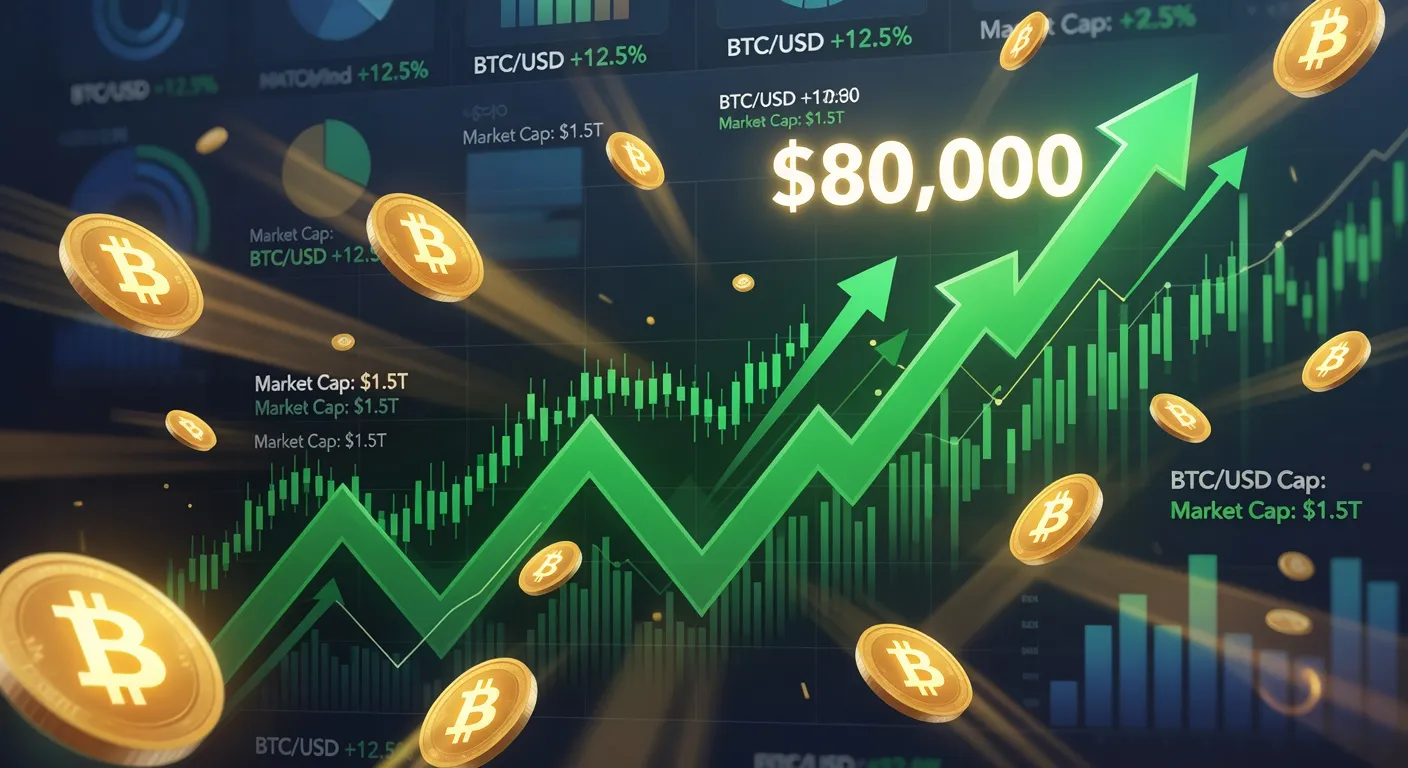 Wykres ceny Bitcoina zbliżającego się do 80 000 USD z tłem hossy