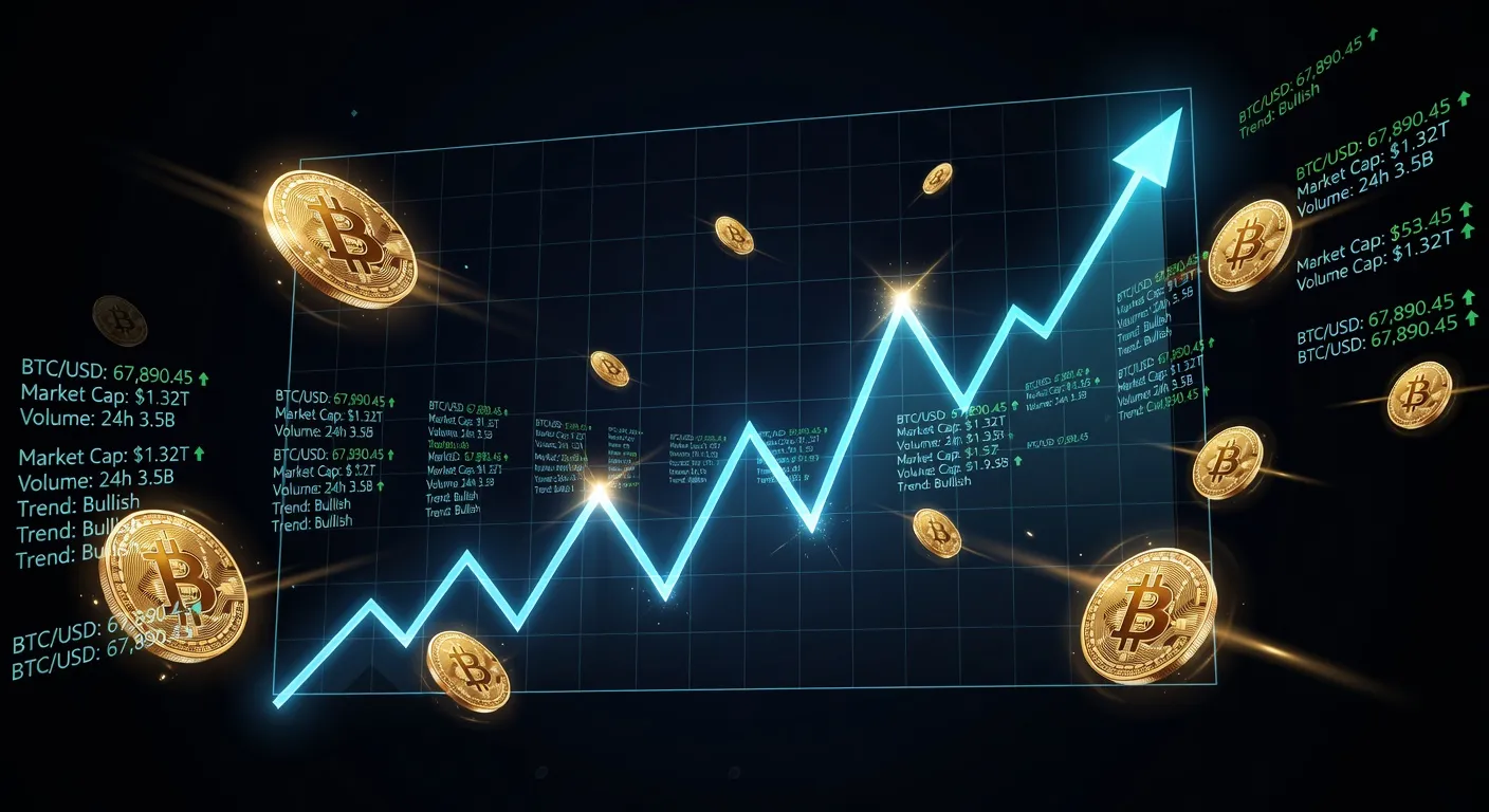 Wykres ceny Bitcoina z trendem wzrostowym i cyfrowymi monetami w tle