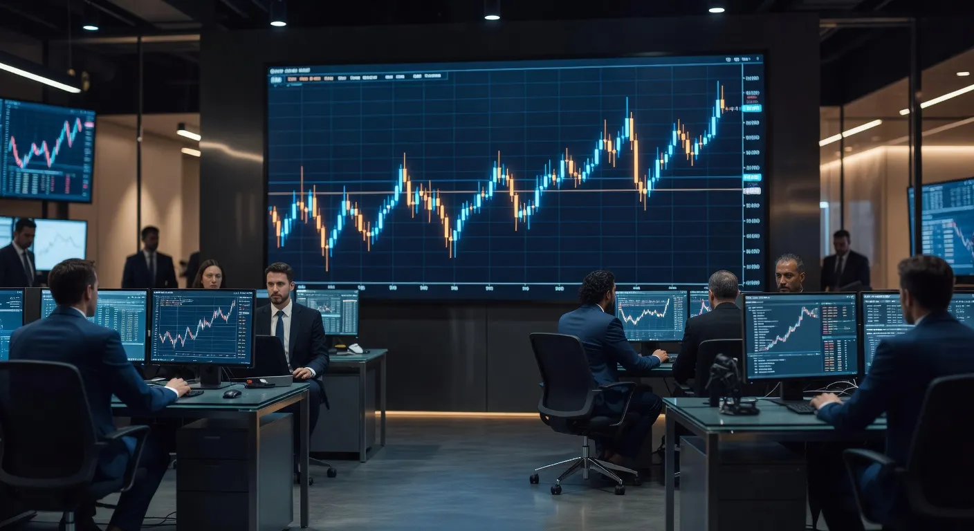 Wykres ceny Bitcoina w wąskim zakresie wahań z traderami w tle