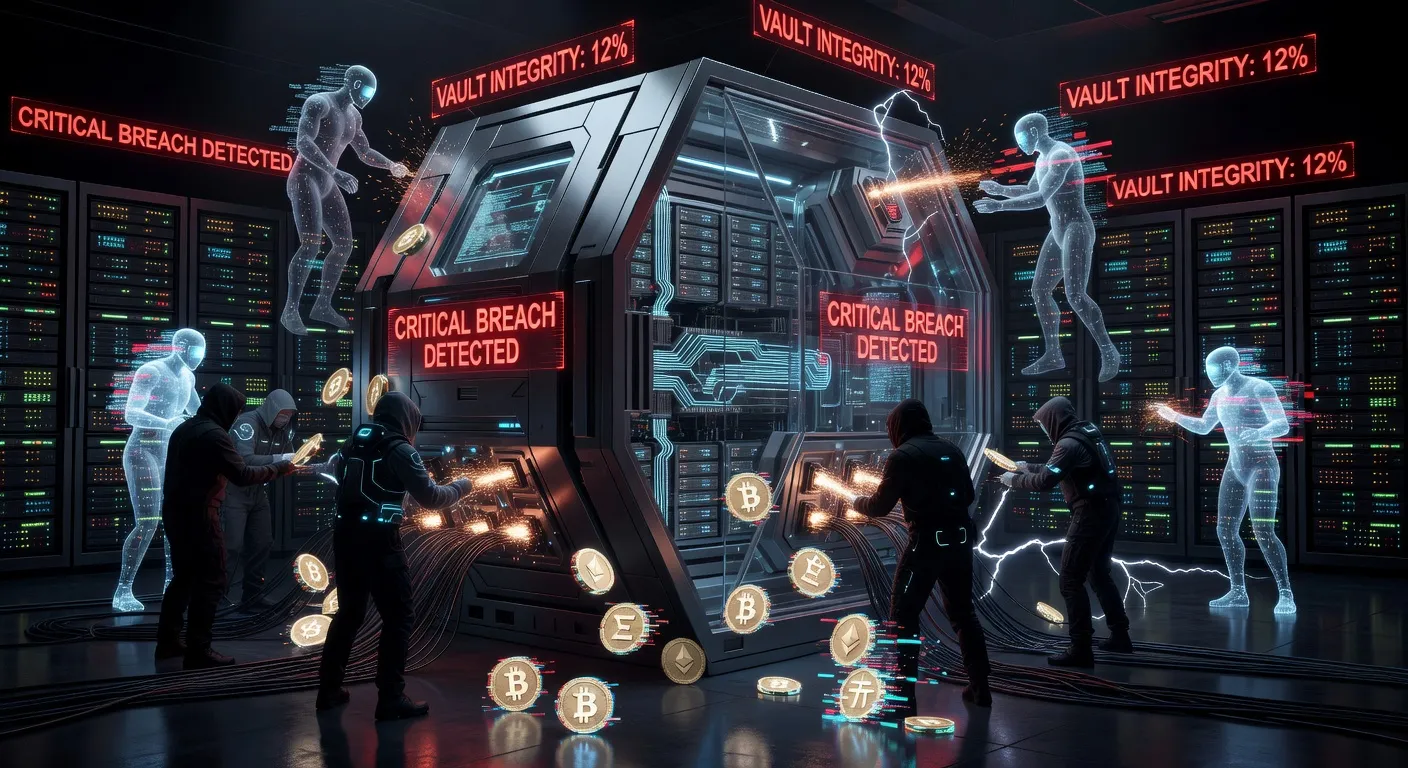 Futurystyczna ilustracja włamania do skarbca kryptowalut z ostrzegawczymi sygnałami