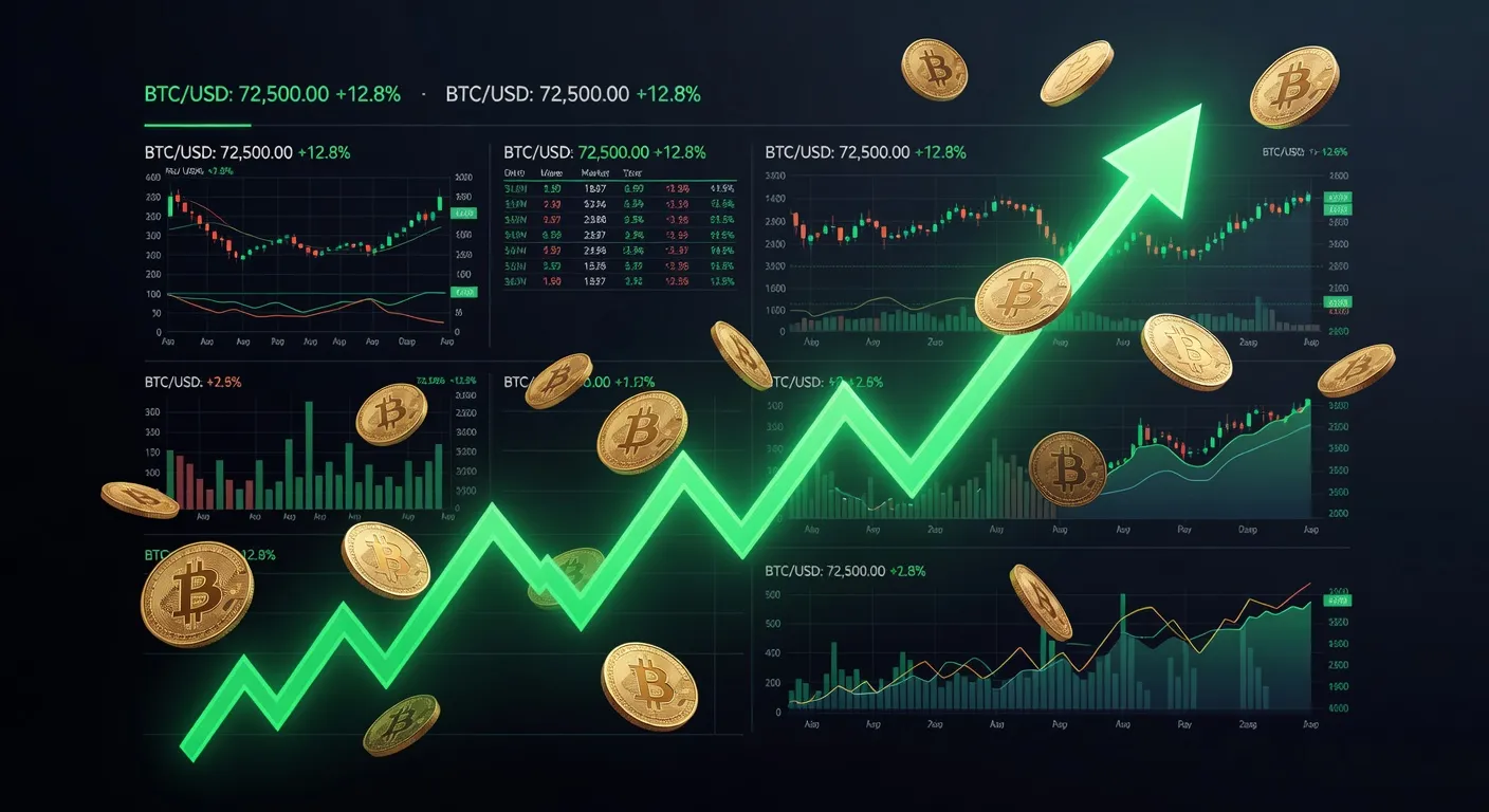 Wykres ceny Bitcoina z rosnącym trendem na tle złotego deszczu monet