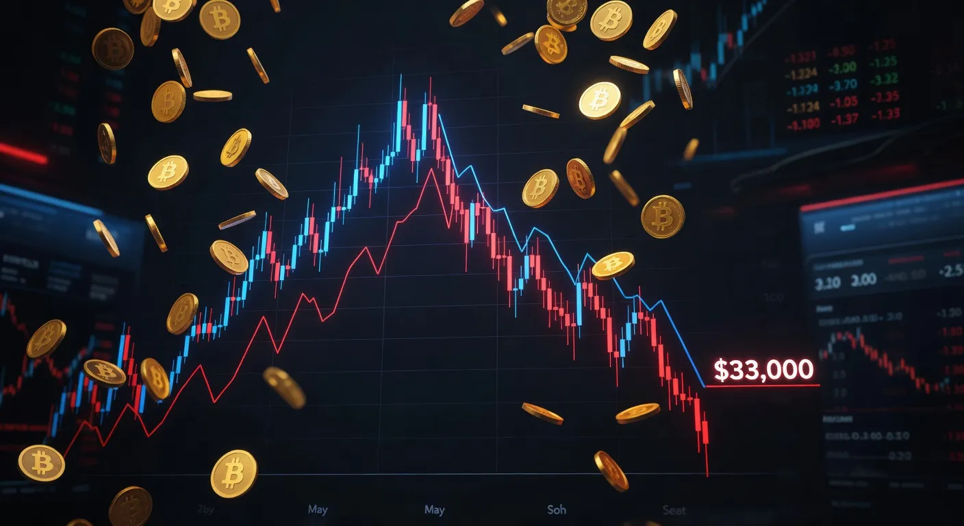 Wykres ceny Bitcoina z prognozowanym szczytem w maju 2024 i spadkiem do 33 000 USD