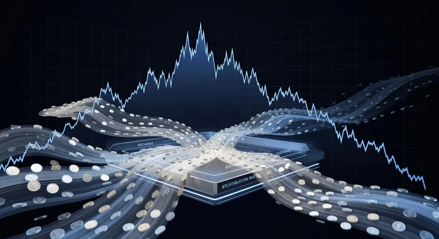 Wykres ceny Bitcoina z zaznaczonymi przepływami stablecoinów na giełdzie Binance