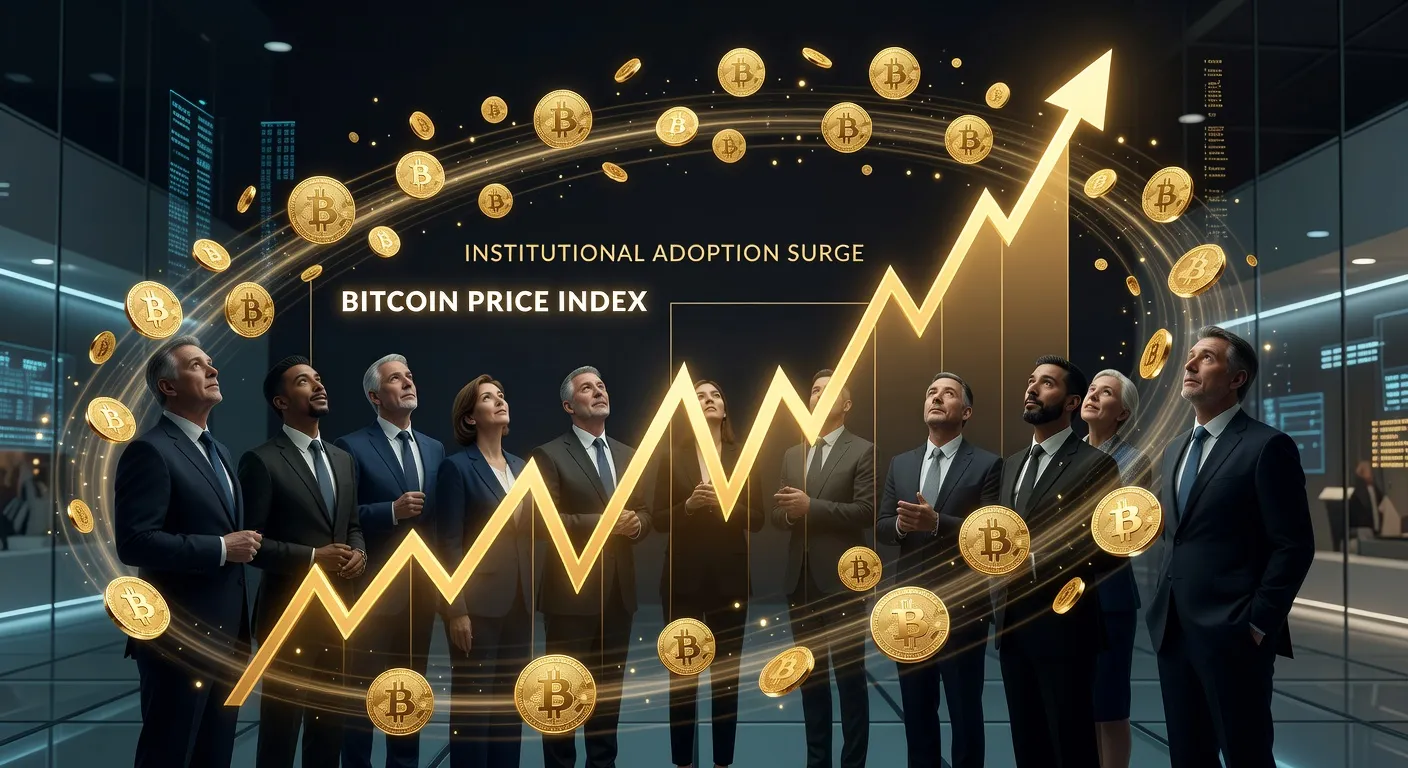 Wykres ceny Bitcoina z inwestorami instytucjonalnymi i złotymi monetami w tle