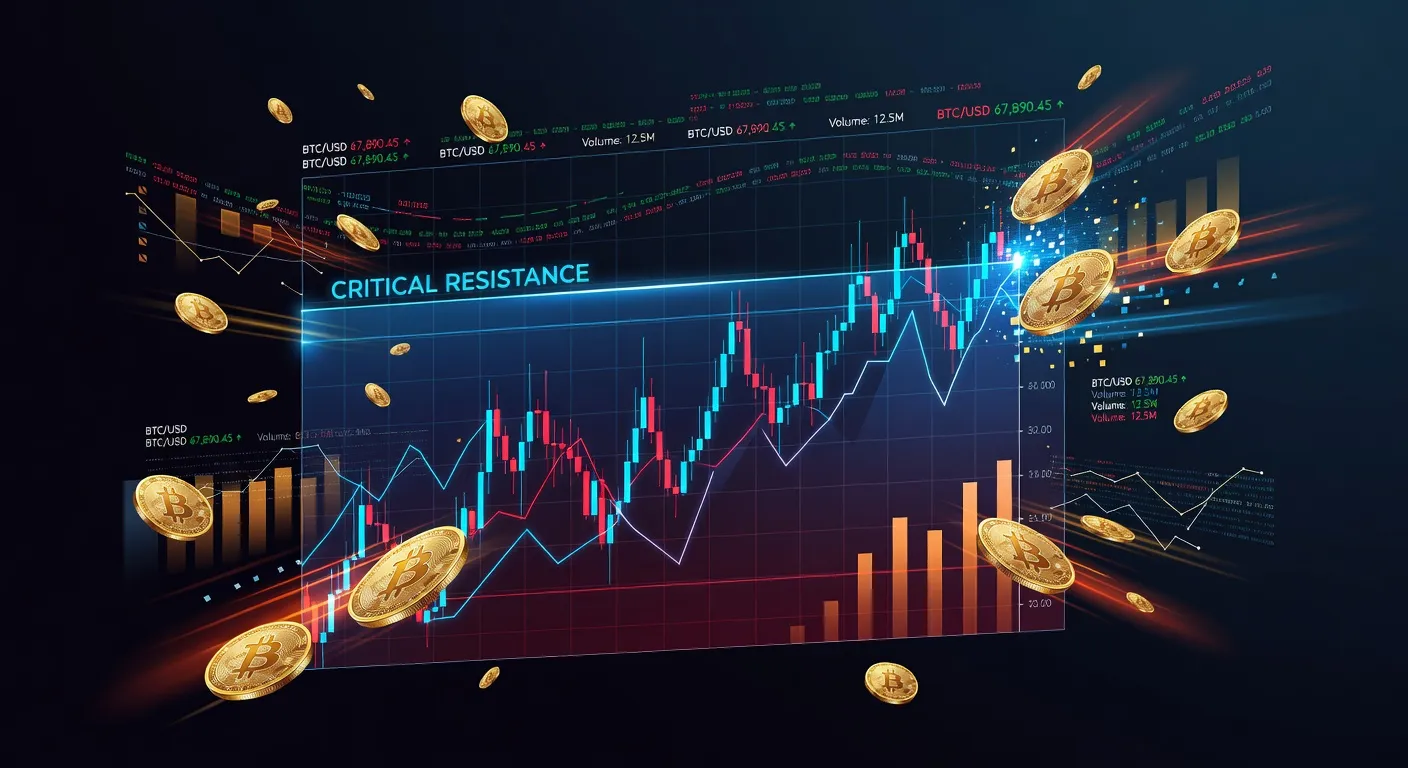 Wykres ceny Bitcoina z kluczowymi poziomami technicznymi i danymi rynkowymi