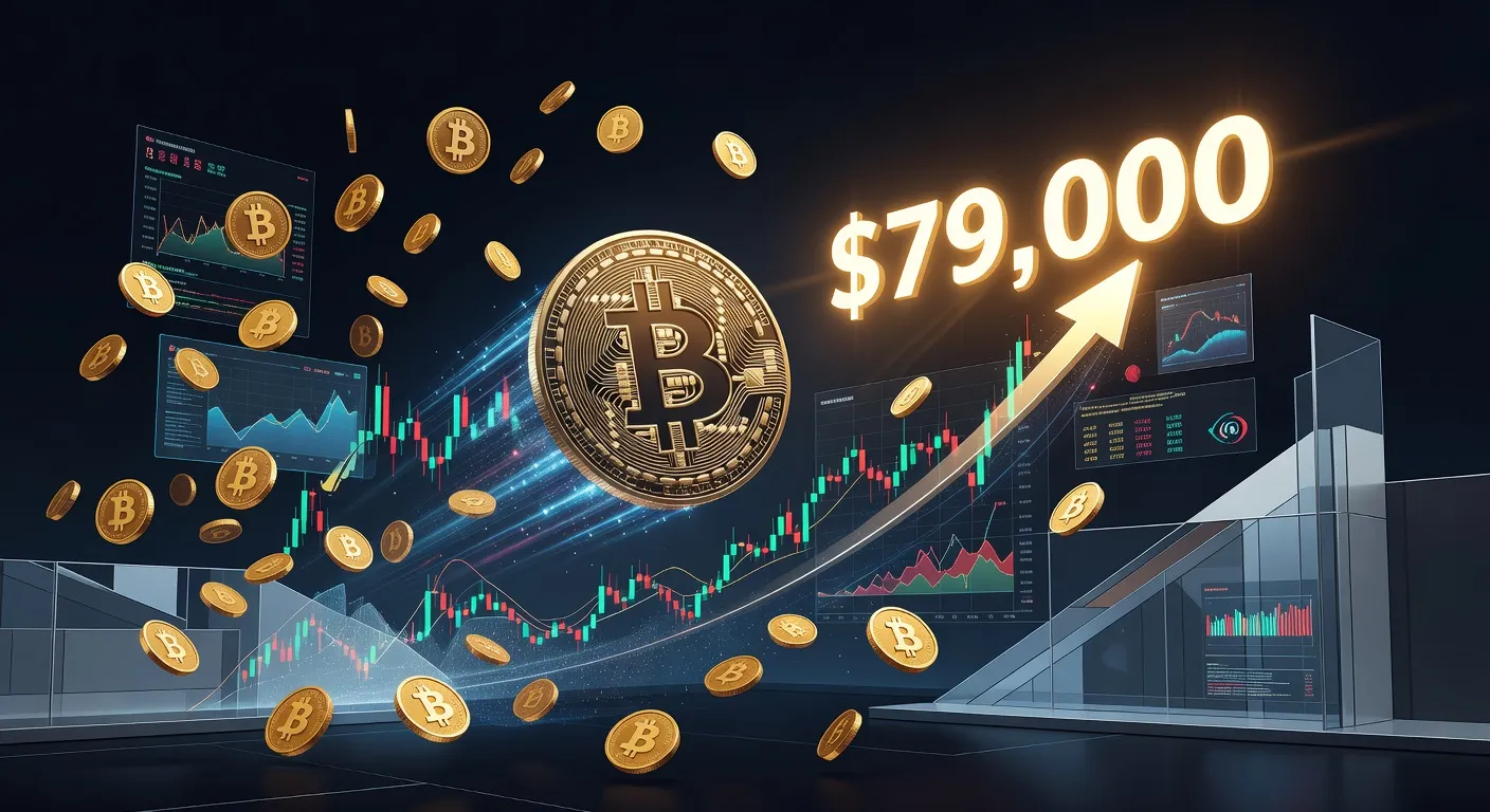 Bitcoin zbliżający się do ceny 79 000 USD na tle cyfrowych wykresów i monet kryptowalutowych