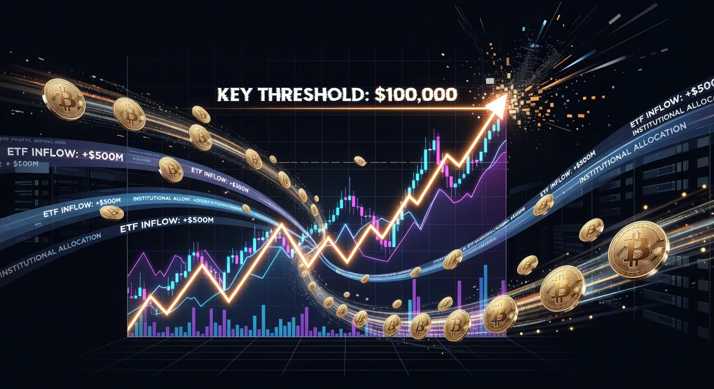 Wykres ceny Bitcoina z rosnącym trendem i napływem środków do ETF-ów