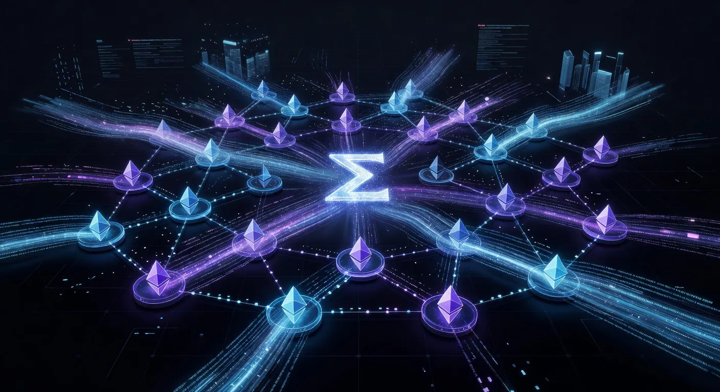 Ilustracja sieci Ethereum z węzłami i strumieniami danych symbolizującymi aktualizację