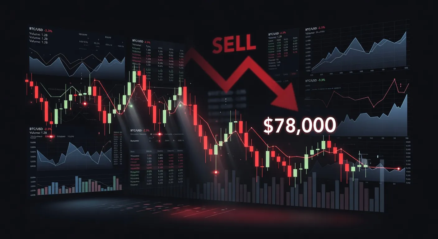 Wykres ceny Bitcoina wokół 78 000 USD z sygnałem korekty w tle