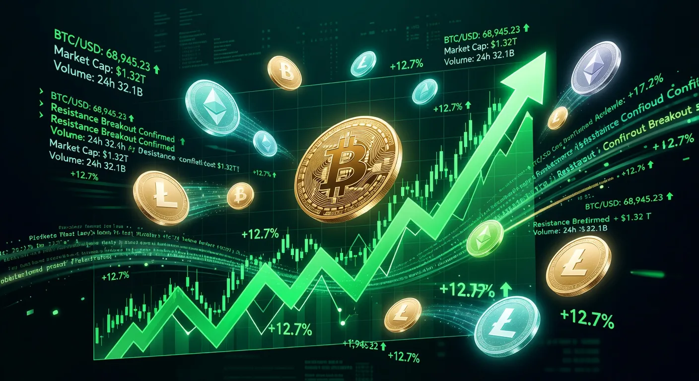 Wykres ceny Bitcoina na zielonym tle z cyfrowymi monetami i danymi finansowymi