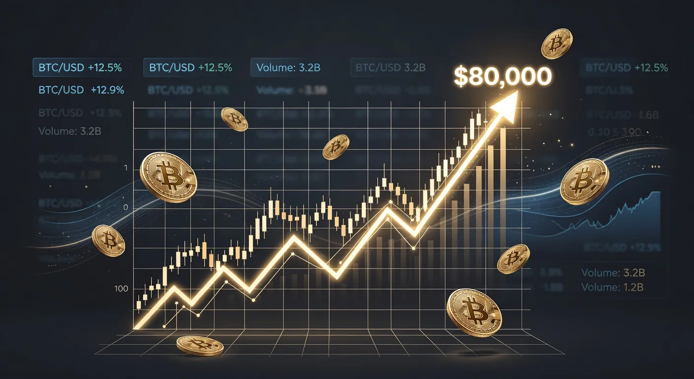 Wykres ceny Bitcoina przebijającego 80 000 USD z dynamicznym trendem wzrostowym