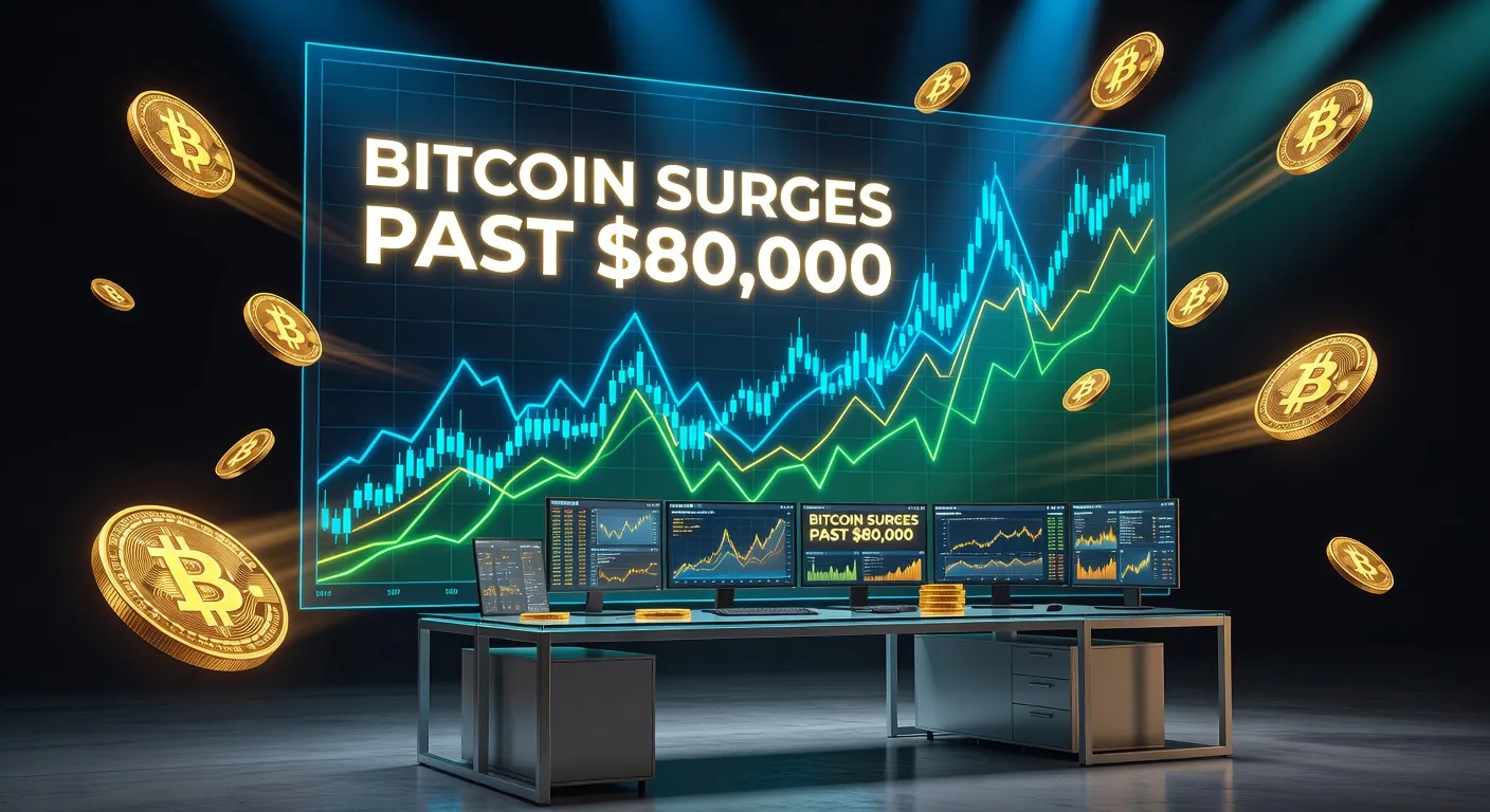Wykres ceny Bitcoina przebijającego 80 000 USD z dynamicznym tłem finansowym