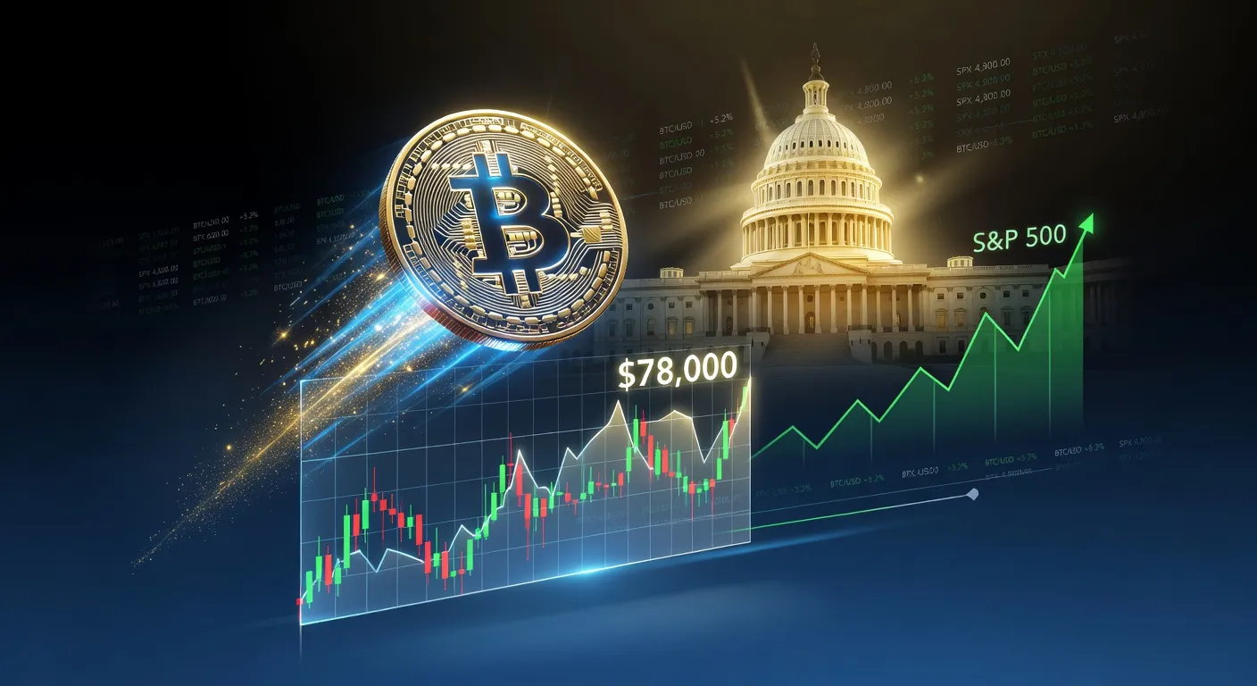 Bitcoin na wykresie cenowym przy 78 000 USD z budynkiem Senatu USA w tle