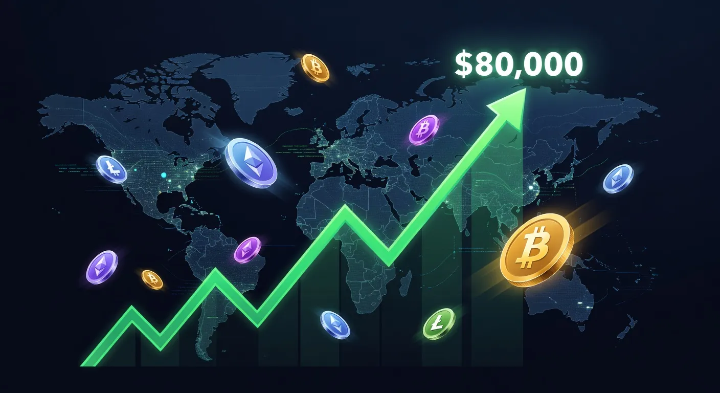 Wykres ceny Bitcoina przebijającego 80 000 USD z tłem mapy finansowej