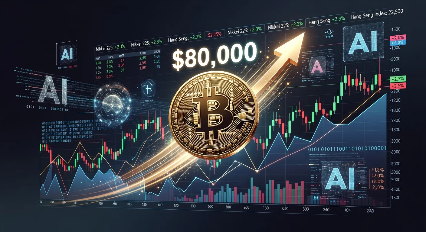 Bitcoin przekracza 80 000 USD na tle wykresów rynków azjatyckich i symboli AI