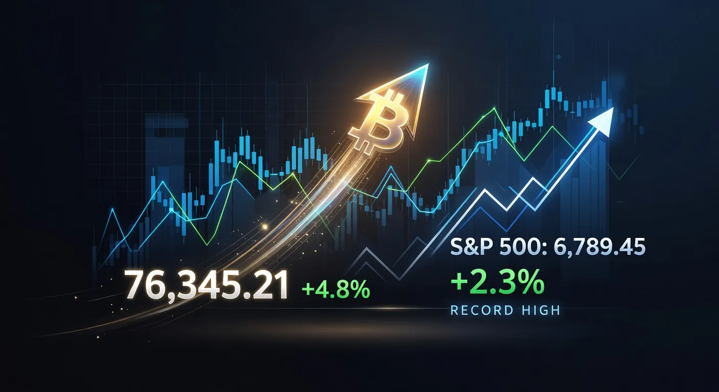Wykres ceny Bitcoina przekraczającego 76 000 USD z tłem indeksu S&P 500