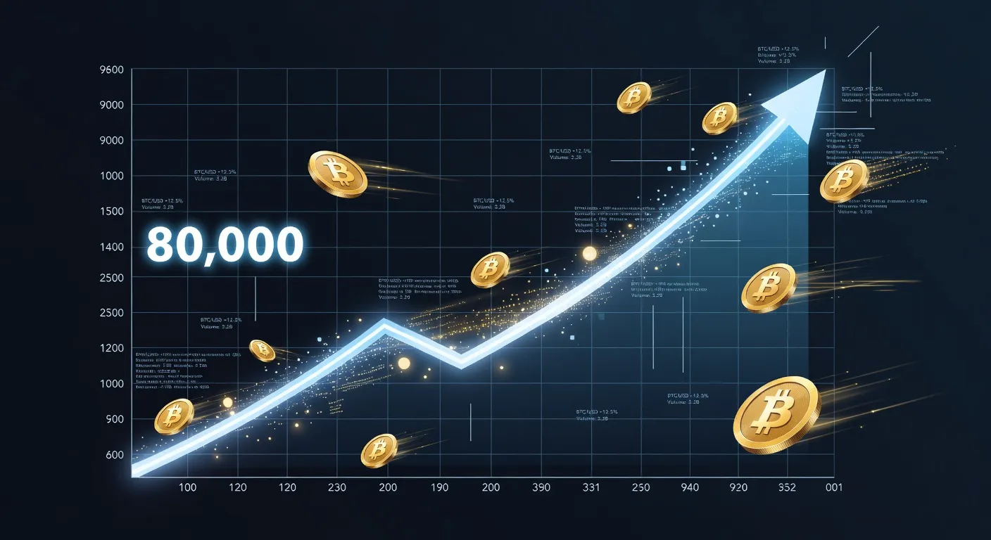Wykres ceny Bitcoina przebijającego poziom 80 000 USD z trendem wzrostowym