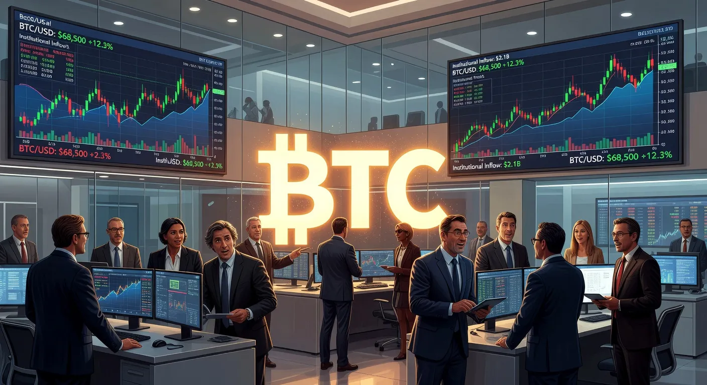 Ilustracja wzrostu ceny Bitcoina z inwestorami instytucjonalnymi i wykresami w tle