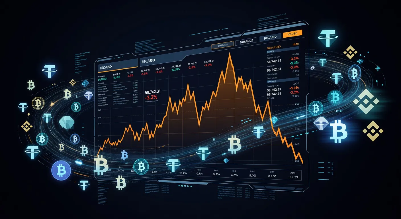 Wykres ceny Bitcoina z widocznymi wzrostami i symbolami stablecoinów