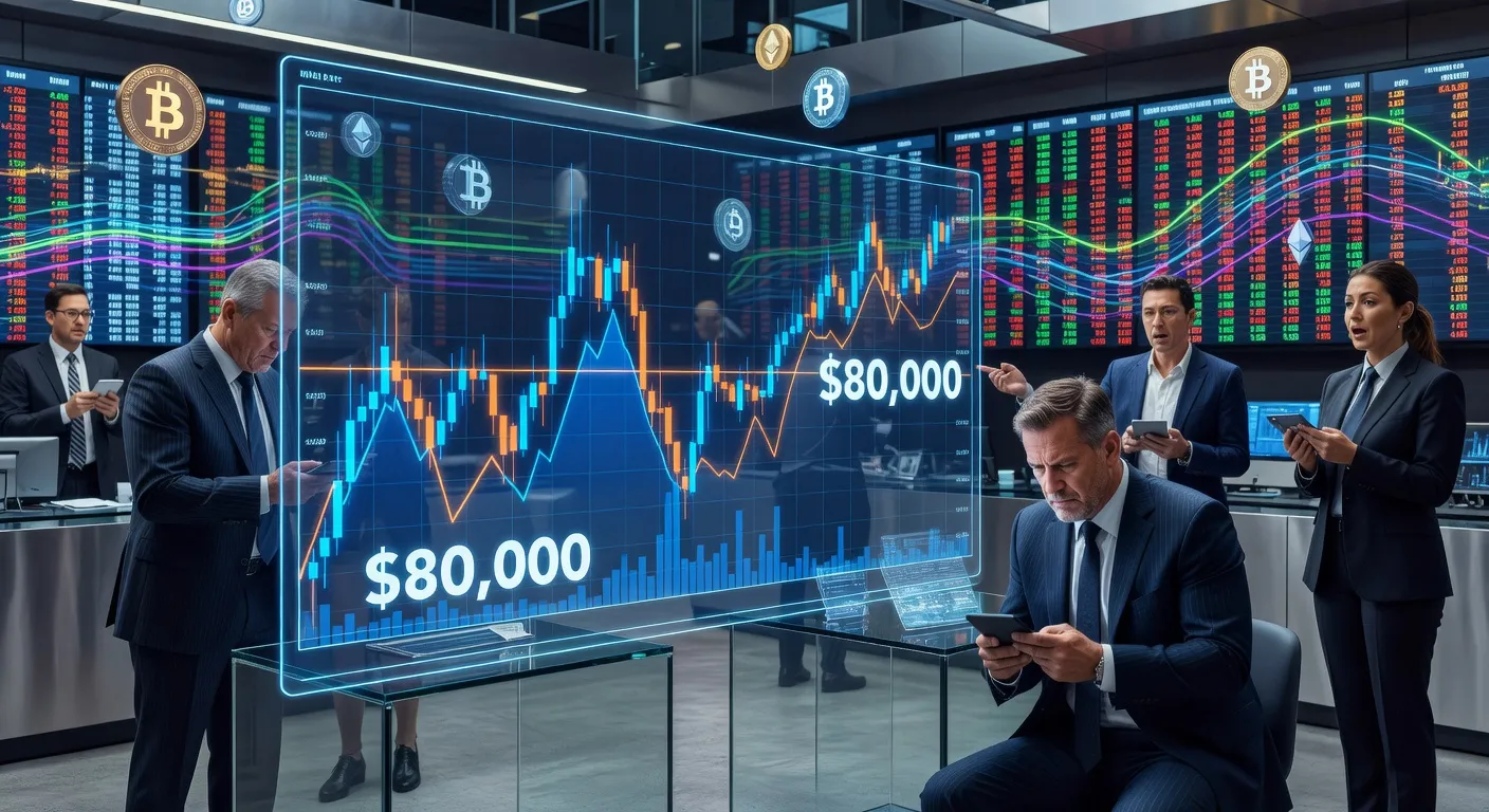 Wykres ceny Bitcoina w okolicach 80 000 USD z tłem rynku finansowego