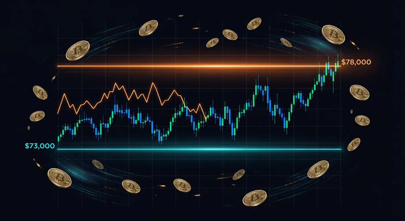 Wykres ceny Bitcoina z poziomami wsparcia 73 000 USD i oporu 78 000 USD