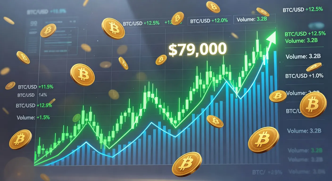 Wykres ceny Bitcoina zbliżającego się do 79 000 USD z tłem rynku finansowego