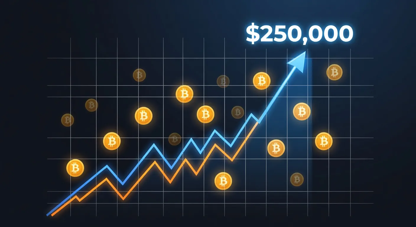 Wykres ceny Bitcoina z prognozą wzrostu do 250 000 USD i trendem wzrostowym