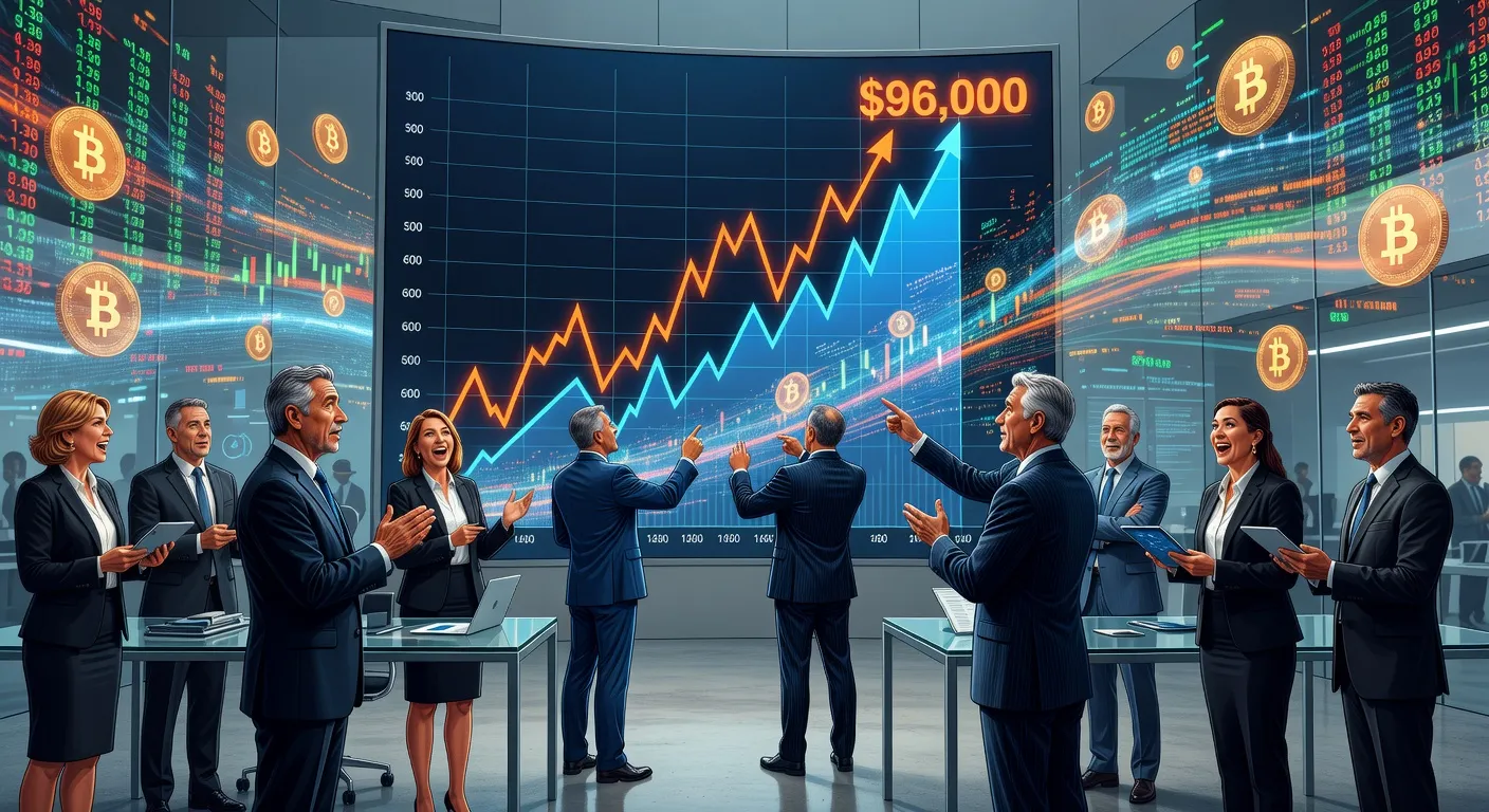 Wykres ceny Bitcoina zmierzający do 96 000 USD z inwestorami instytucjonalnymi w tle