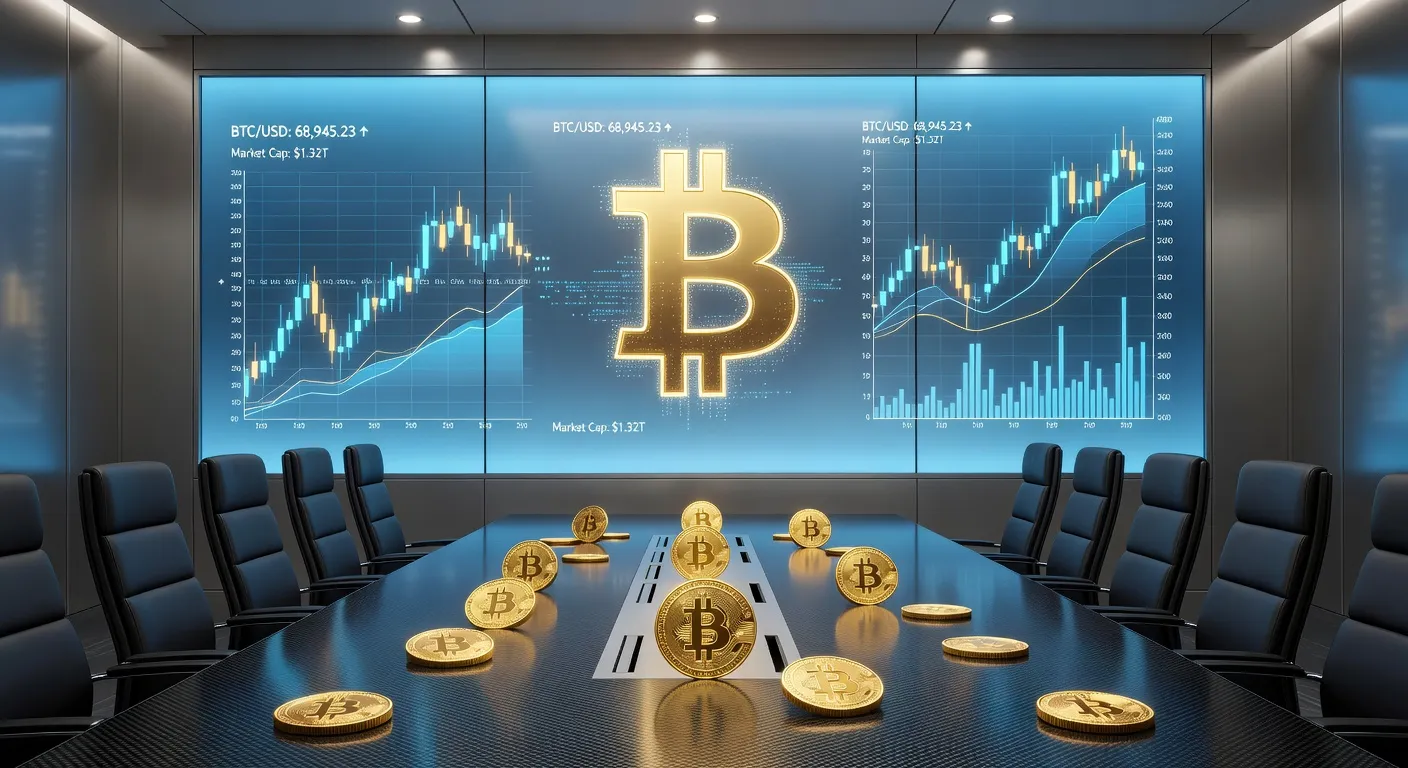 Futurystyczna sala konferencyjna z symbolem Bitcoina na ekranie i wykresami finansowymi