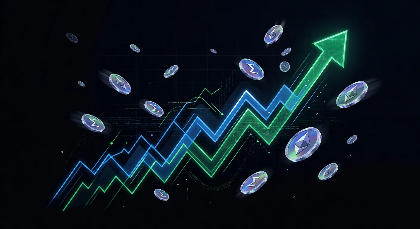 Wykres ceny Ethereum z zaznaczonymi poziomami wsparcia i oporu na tle cyfrowych monet