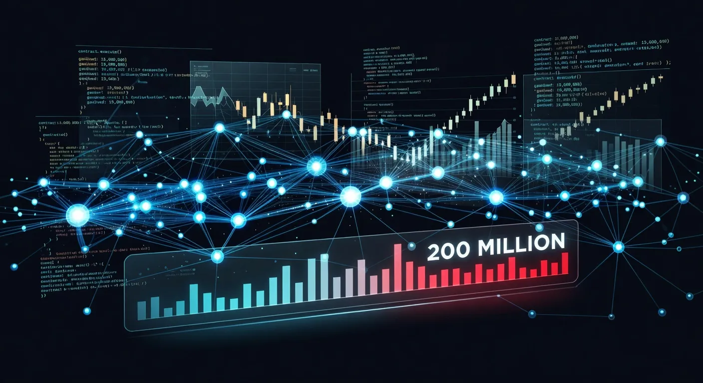 Ilustracja sieci Ethereum z podświetlonymi węzłami i licznikiem limitu gazu na poziomie 200 milionów