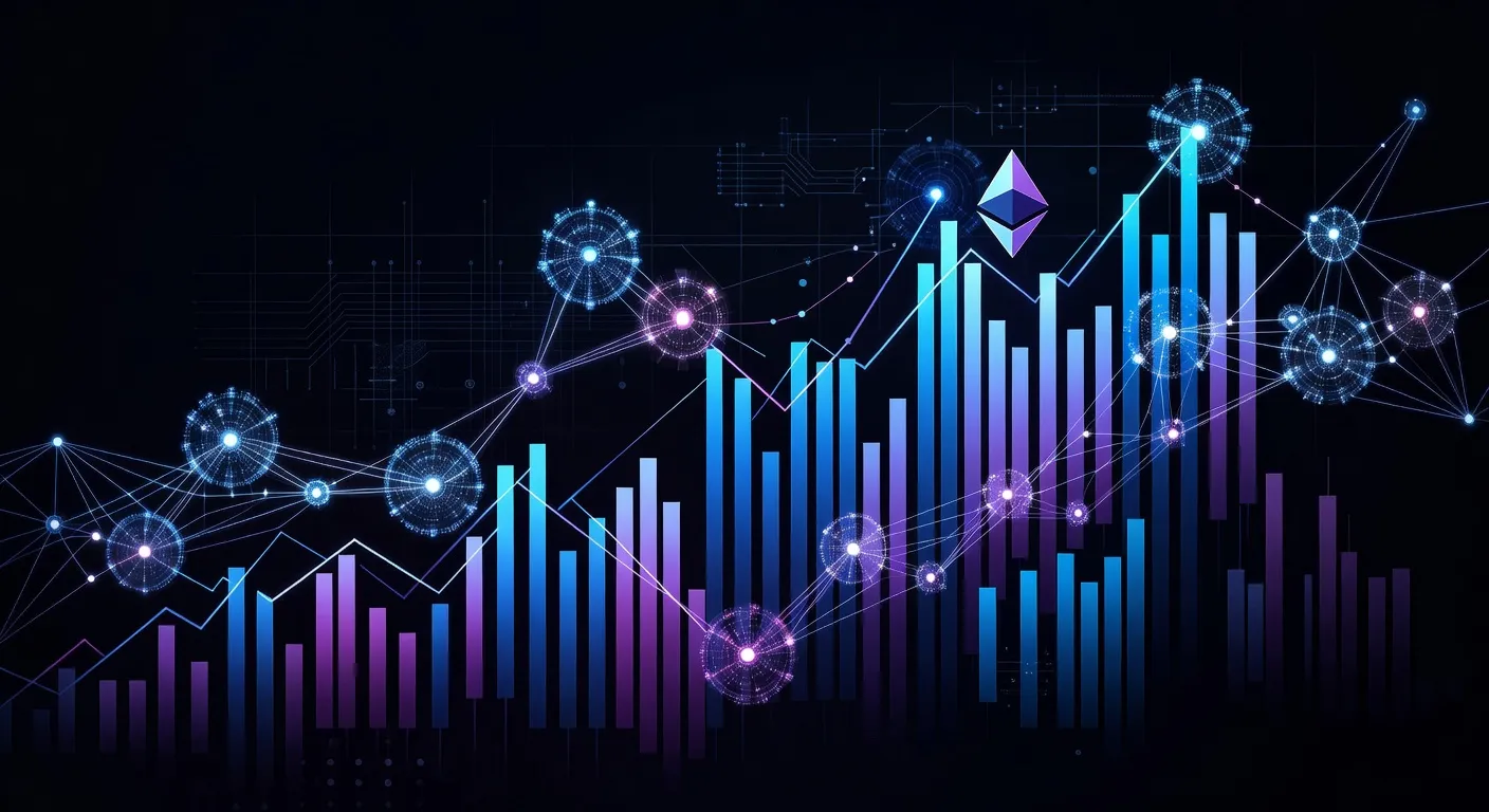 Wykres obrotu Ethereum z dynamicznymi słupkami wolumenu w niebiesko-fioletowych barwach