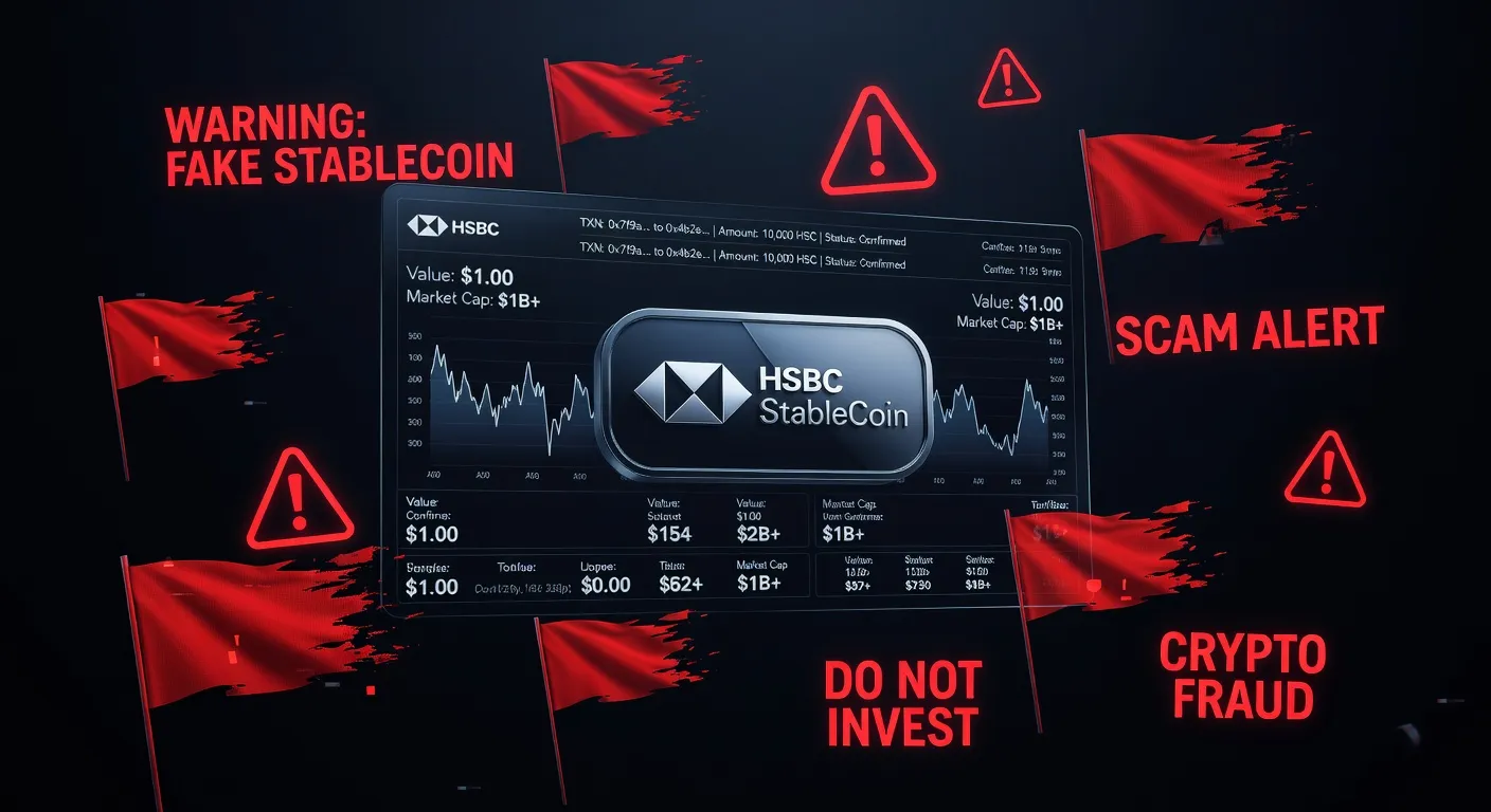 Ilustracja fałszywego stablecoina HSBC z ostrzegawczymi znakami oszustwa