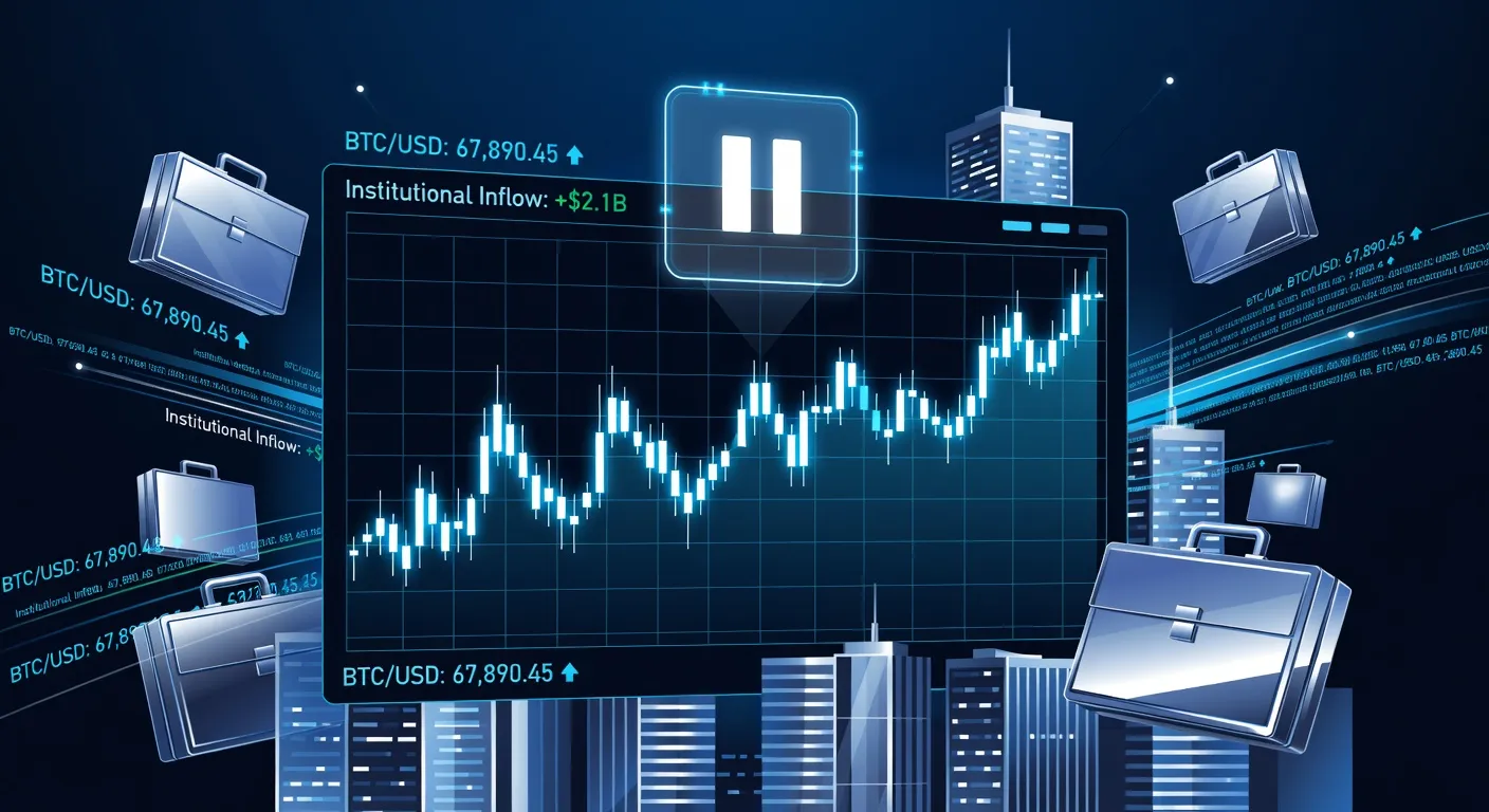 Wykres ceny Bitcoina z symbolem pauzy i elementami finansowymi