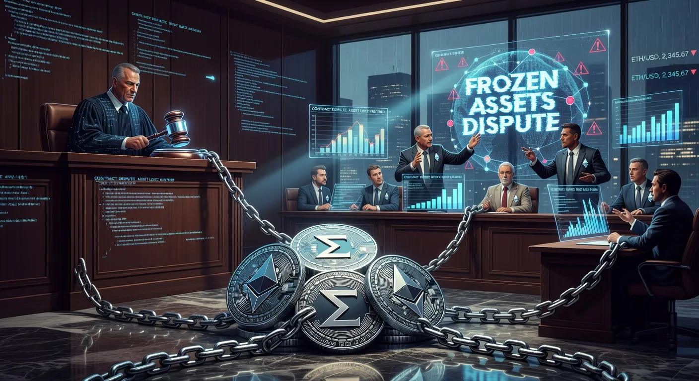 Ilustracja sali sądowej z zablokowanymi monetami Ethereum w łańcuchach