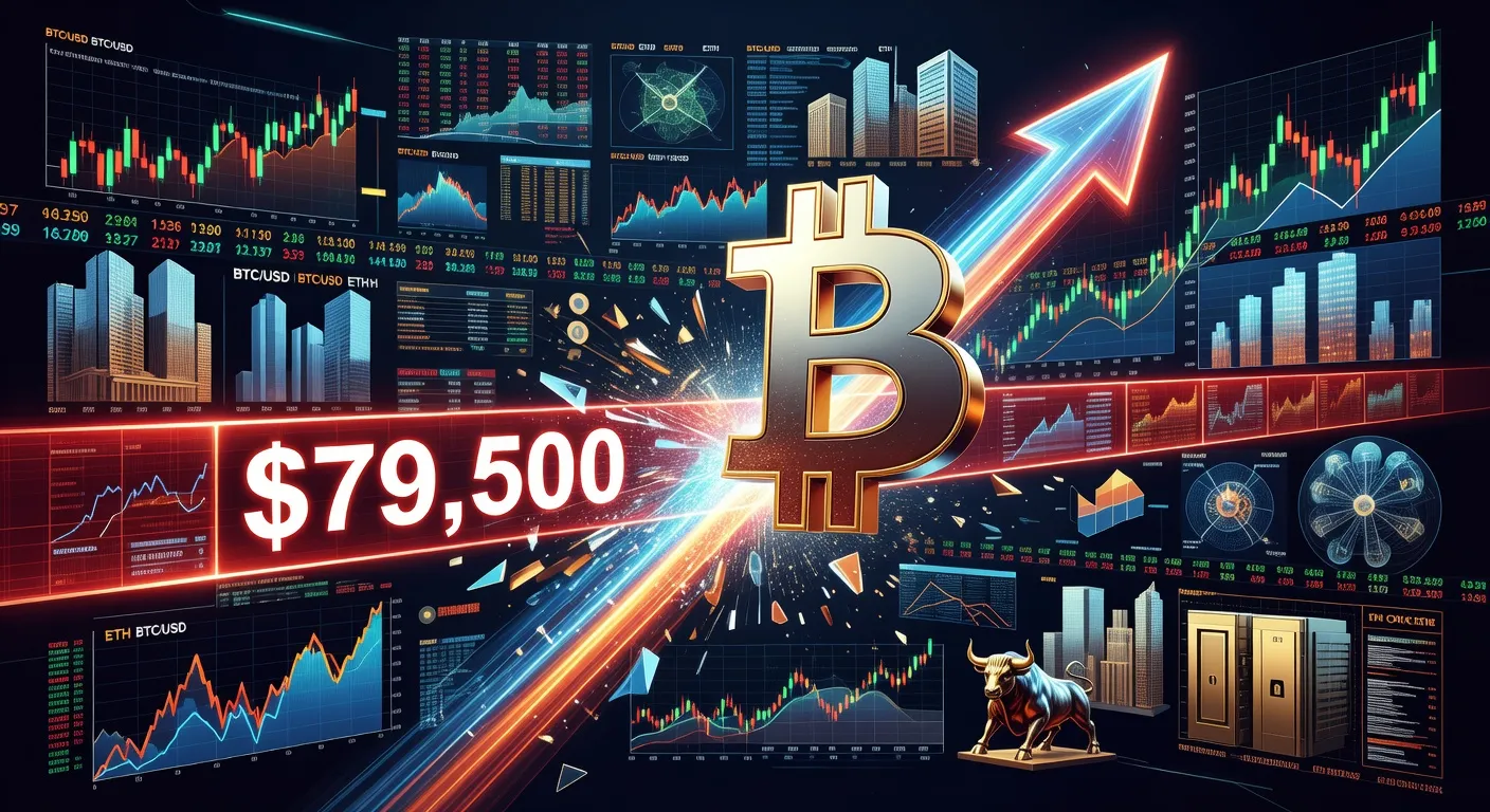 Wykres ceny Bitcoina przebijającego poziom 79 500 USD z symbolami inwestorów instytucjonalnych