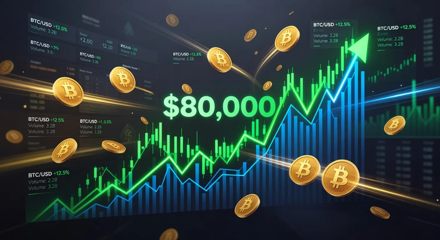Wykres ceny Bitcoina przekraczającego 80 000 USD z dynamicznym tłem rynkowym