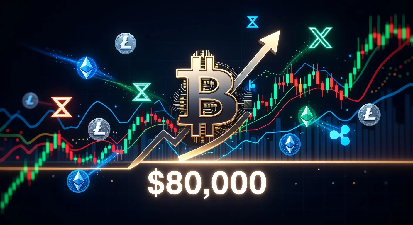 Bitcoin przekracza 80 000 USD na wykresie finansowym z symbolami altcoinów