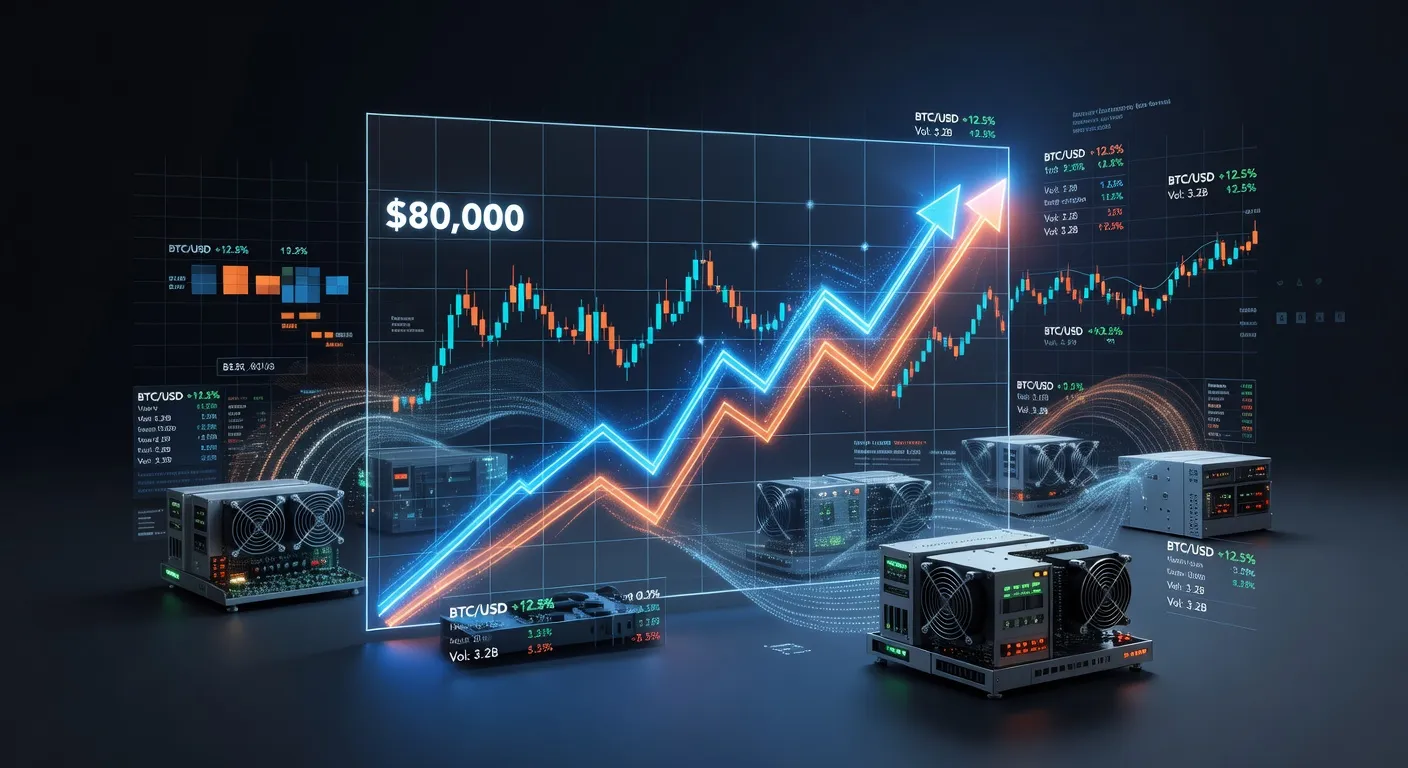 Wykres ceny Bitcoina przebijającego 80 000 USD z trendem wzrostowym