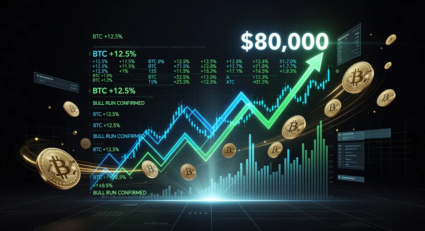 Wykres ceny Bitcoina przebijającego 80 000 USD z optymistycznym trendem wzrostowym