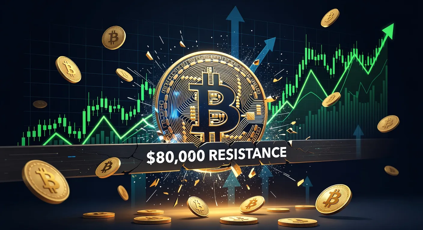 Wykres ceny Bitcoina przebijającego poziom 80 000 USD z dynamicznym tłem wzrostowym
