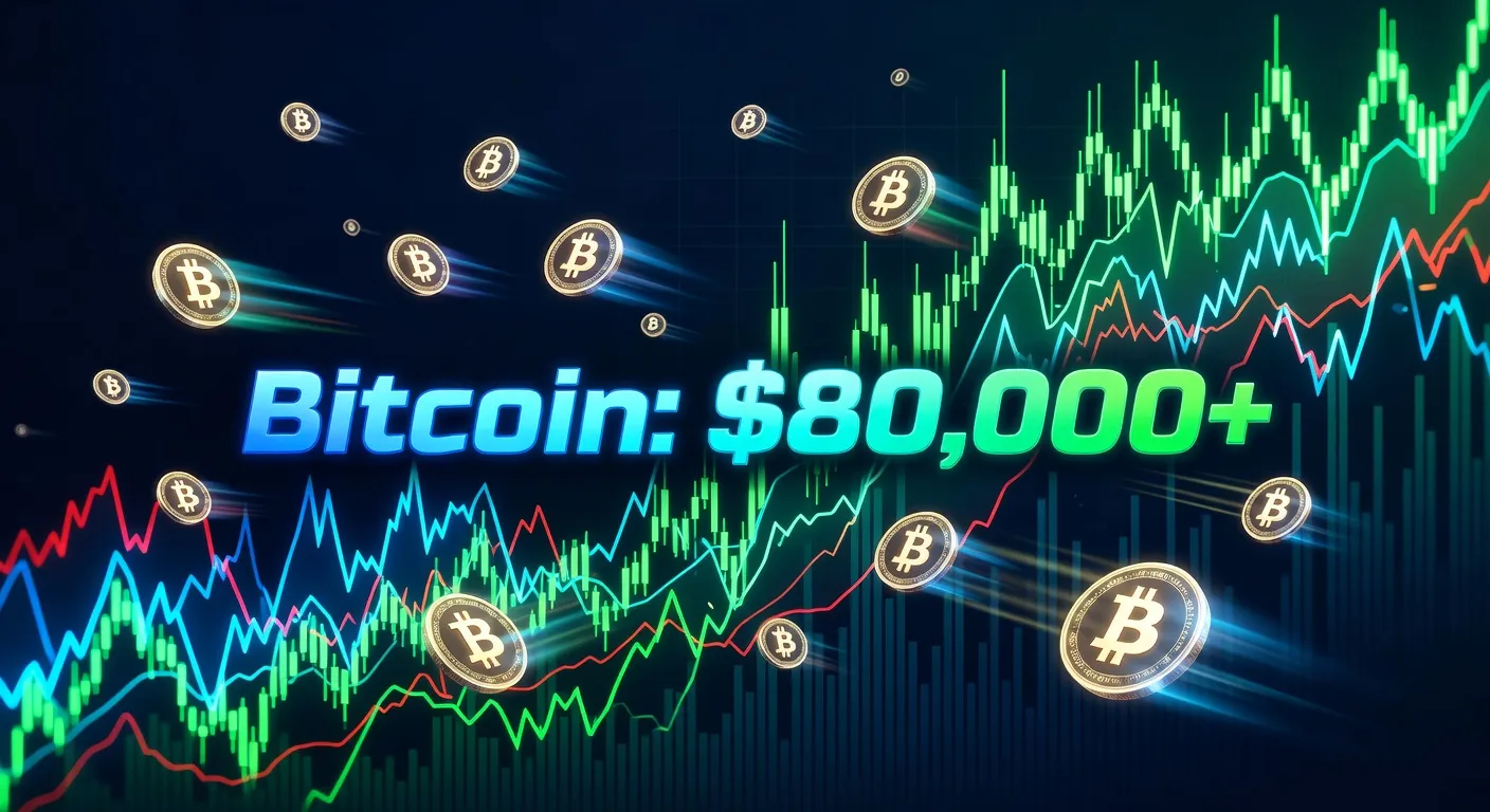 Wykres ceny Bitcoina przebijającego 80 000 USD z dynamicznym tłem rynku kryptowalut